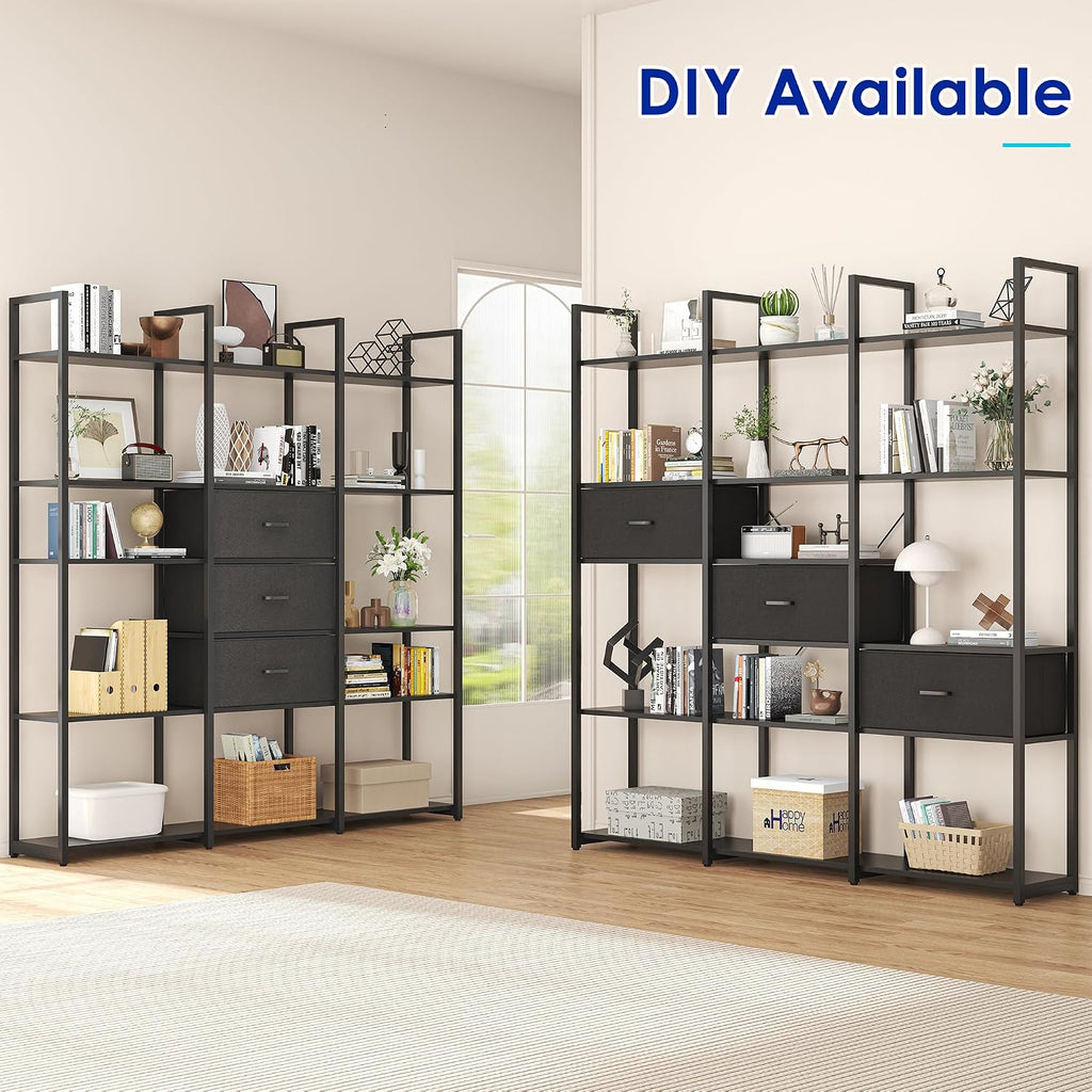 Nosepen 73.6' Tall Bookshelf with 3 Drawers and 16 Storage Shelves, Industrial Bookcase with 16 Open Display Shelves, Large Etagere Bookshelf, Triple Wide Book Shelf Book Case for Home & Office, Black