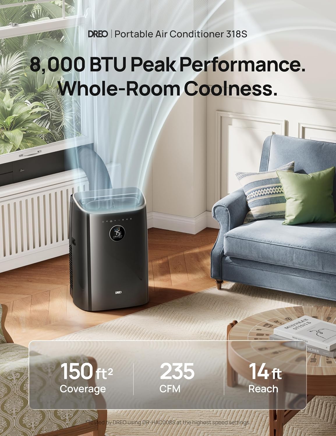 DREO Portable Air Conditioner 318S, 8000 BTU ASHRAE (5000 BTU DOE) Smart AC Unit for Bedroom with Drainage-free Cooling, Fan&Dehumidifier 3 in 1, APP/Voice/Remote, Quiet Standing AC for Room Indoors