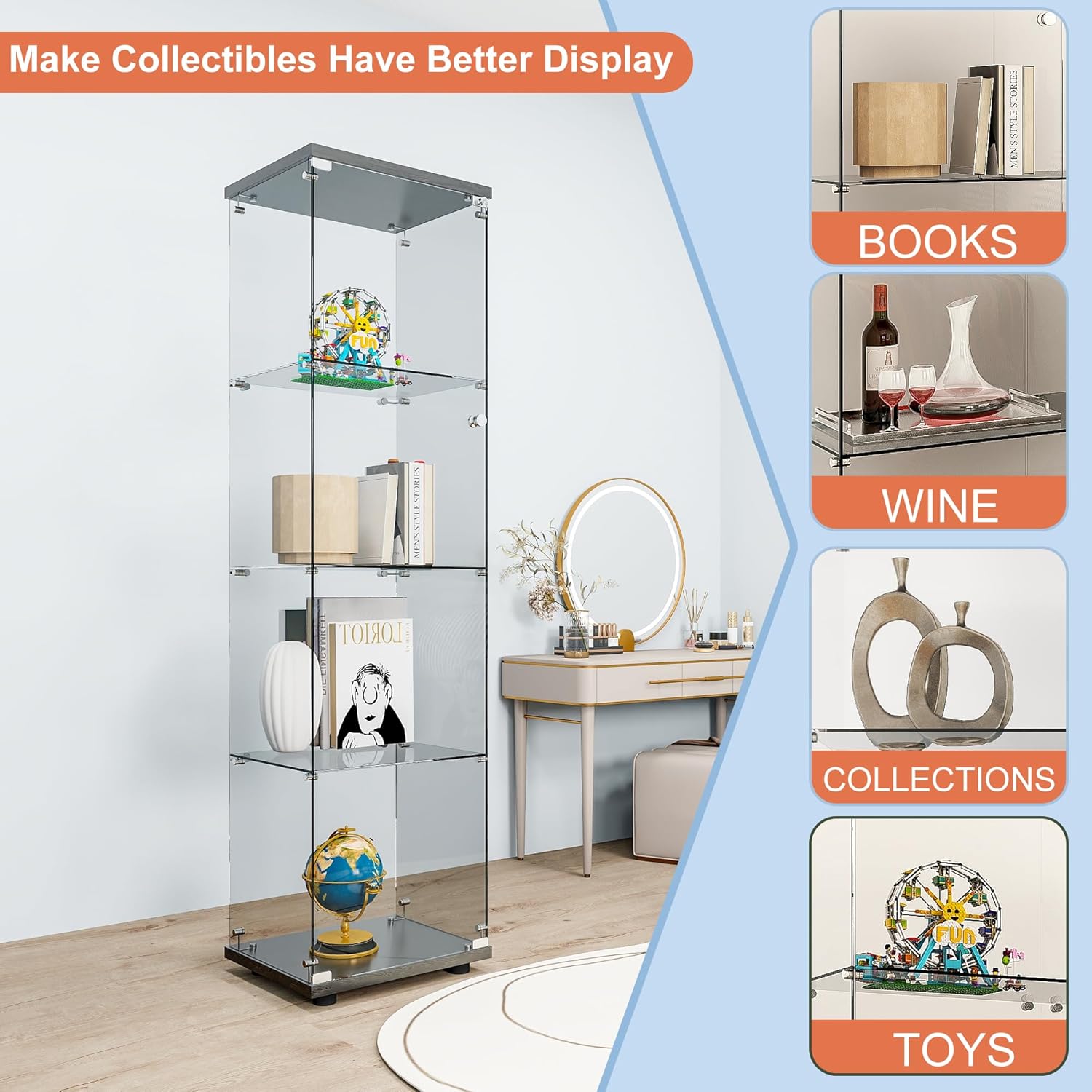 FANYUSHOW Tempered Glass Display Cabinet 4-Shelf Curio Cabinet with Security Lock 5mm Display Shelf Showcase for Living Room/Bedroom/Office- Black 64.7' H x 16.7' L x 14.37' W