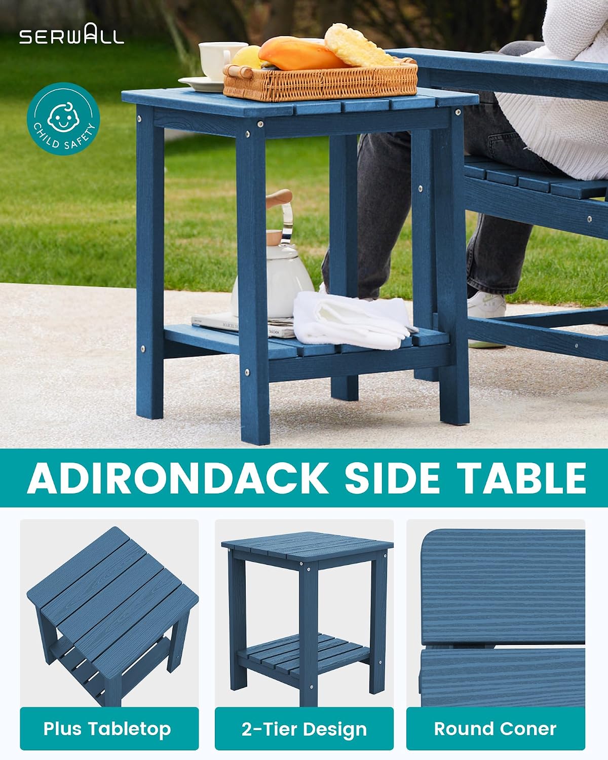 SEWRWALL Patio Furniture Set, HDPE Material All Weather Use Adirondack Chair Set with Side Table for Balcony, Porch, Garden, Backyard- Navy