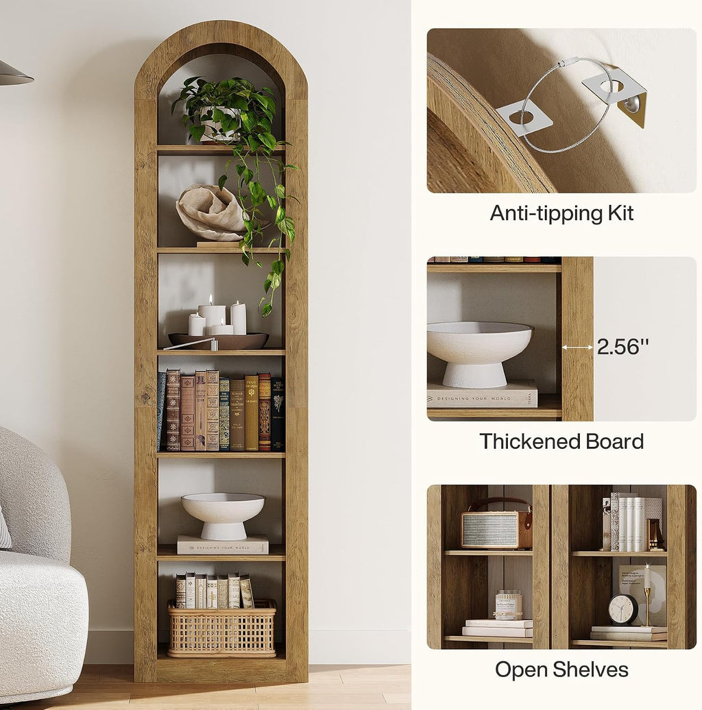 Tribesigns 74.8' Tall Arched Bookshelf, 6-Tier Narrow Open Bookcase, Floor Standing Corner Display Shelves Storage Organizer for Small Space, Home Office, Living Room (Rustic Brown, 1 PC)