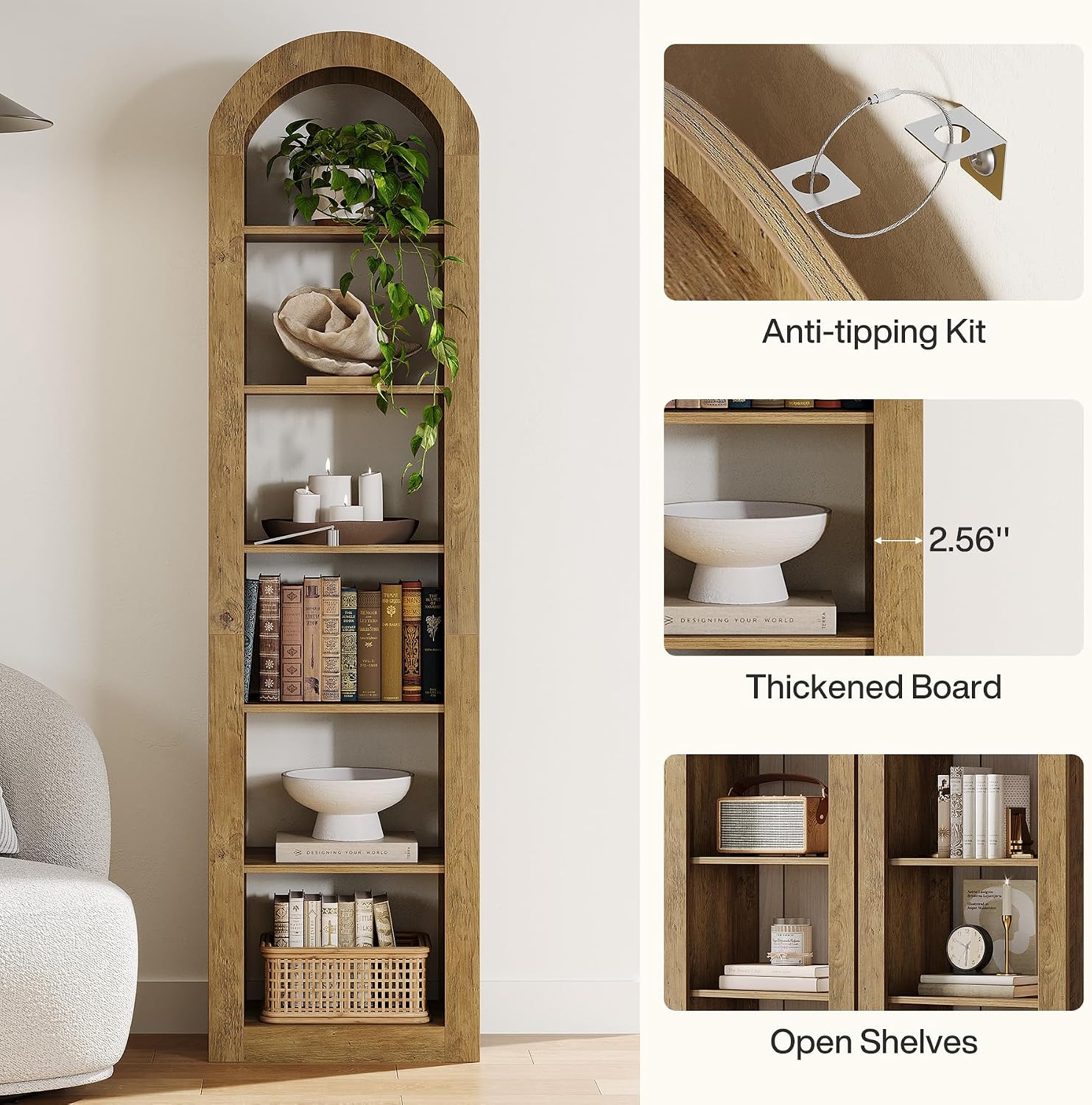 Tribesigns 74.8' Tall Arched Bookshelf, 6-Tier Narrow Open Bookcase, Floor Standing Corner Display Shelves Storage Organizer for Small Space, Home Office, Living Room (Rustic Brown, 1 PC)