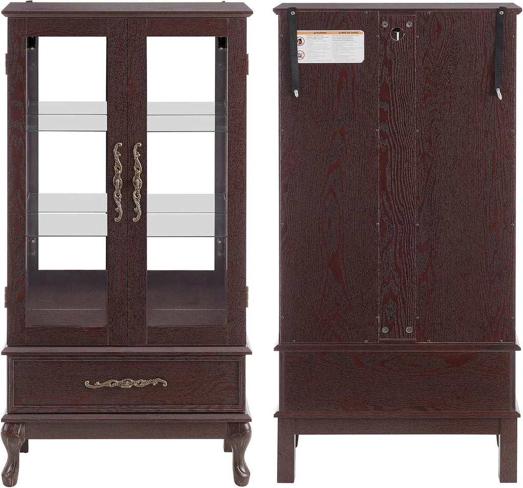 51' H Lighted Curio Cabinet Display Case, Glass Curio Cabinet with Adjustable Shelves,Tempered Glass Door and Drawer, Wooden Cabinets w/Mirrored Back Pane for Living Room (Dark Cherry)