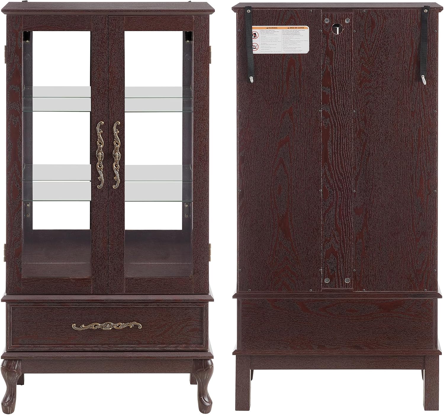 51' H Lighted Curio Cabinet Display Case, Glass Curio Cabinet with Adjustable Shelves,Tempered Glass Door and Drawer, Wooden Cabinets w/Mirrored Back Pane for Living Room (Dark Cherry)