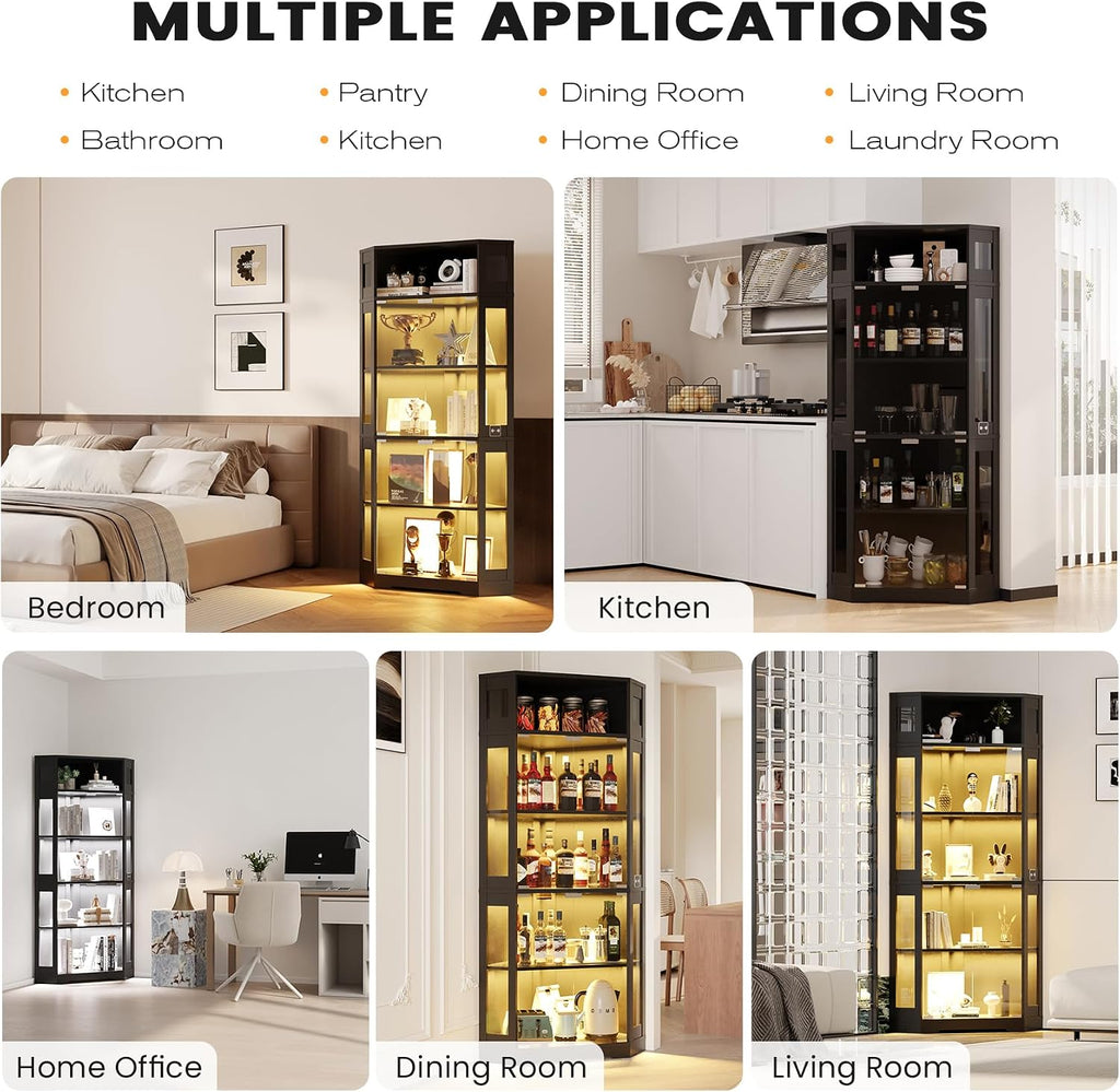Corner Display Cabinet with Glass Doors, 71' Lighted Curio Cabinet with 3 Color Lights for Collectibles, 5-Tier Display Case with Human Body Sensor for Toys, Books, Black