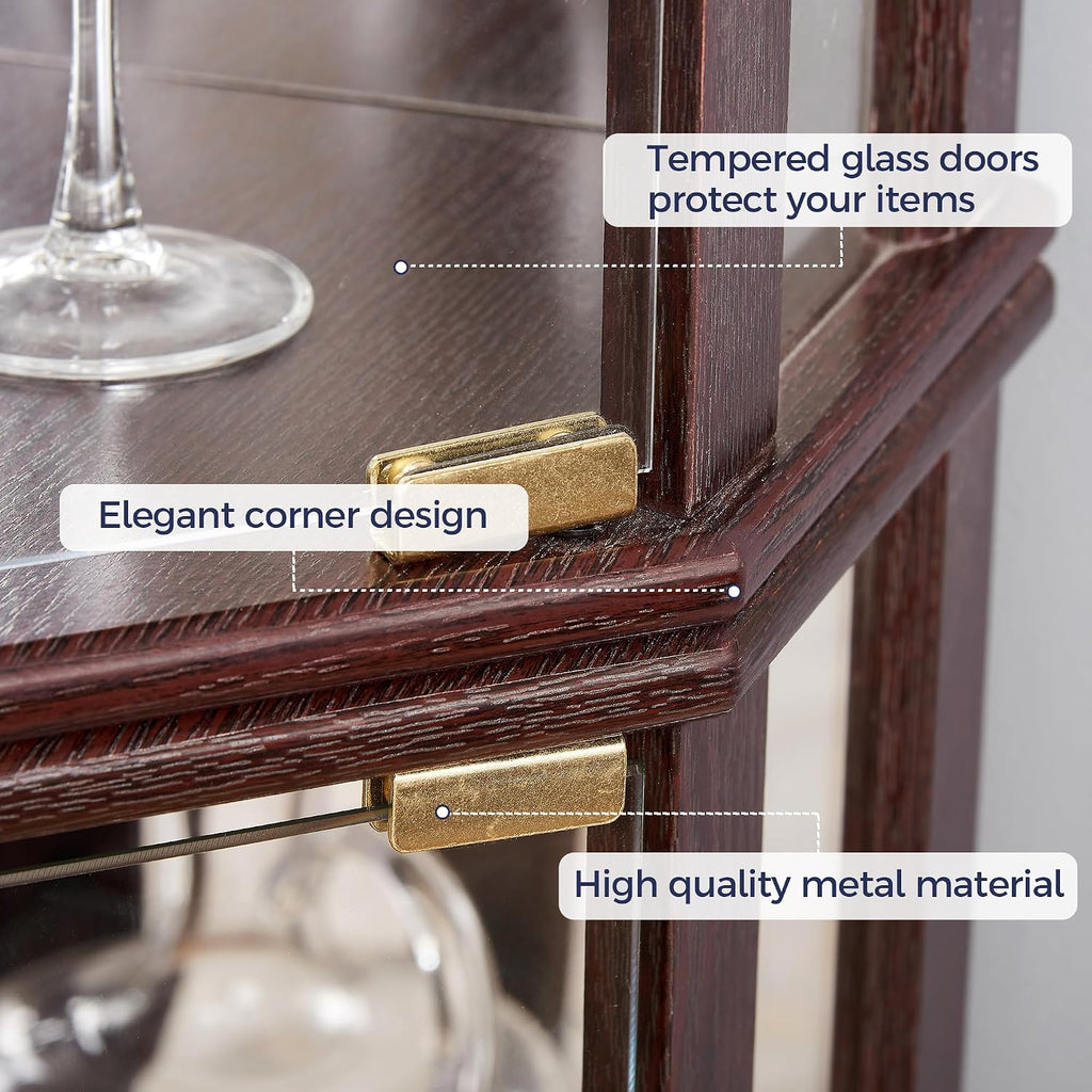 Lighted 3-Side Glass Display Curio Cabinet, Accent Wooden Corner Cabinet with Elegant Glass Door, Wooden Storage Display Case for Living Room, Dining Room, Dark Cherry