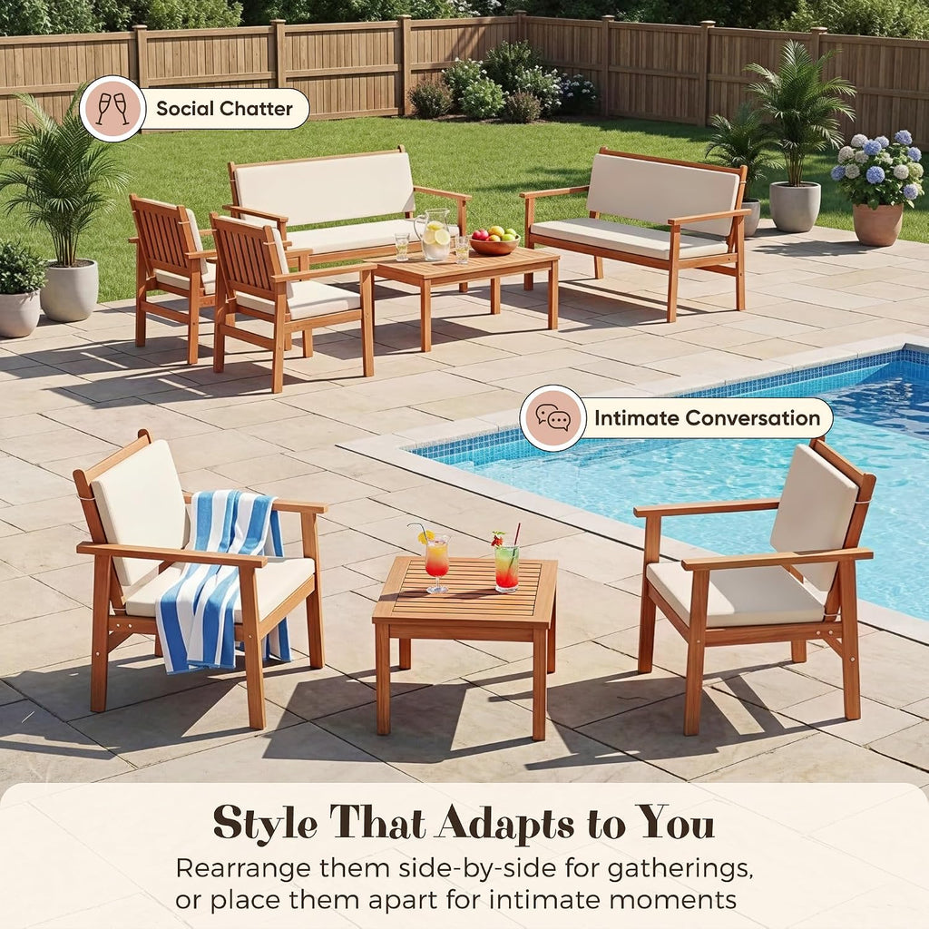 Devoko Patio Furniture Set 8 Pieces Acacia Wood Outdoor Furniture, Patio Set with Table & Cushions for Garden, Deck, Backyard, Natural