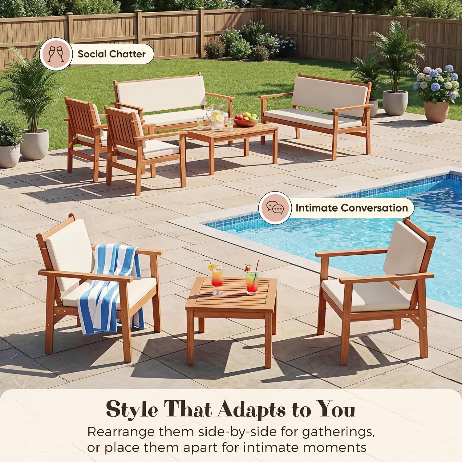 Devoko Patio Furniture Set 8 Pieces Acacia Wood Outdoor Furniture, Patio Set with Table & Cushions for Garden, Deck, Backyard, Natural