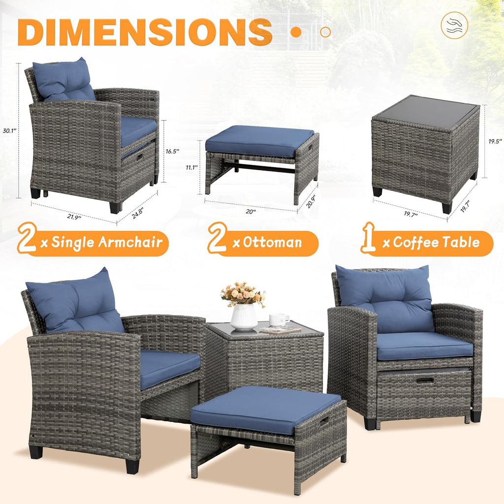 Shintenchi 5 Pieces Patio Furniture Set, Outdoor Wicker Patio Conversation Set with Ottoman, All Weather Rattan Outside Chairs with Coffee Table & Cushion for Porch, Garden, Backyard, Navy