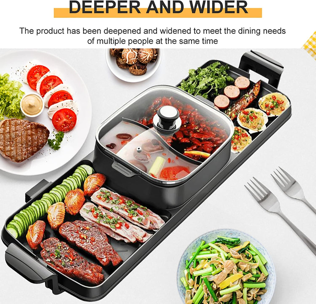 3 in 1 Hot Pot Grill BBQ Electric Grill Hot Pot Smokeless Barbecue Machine Non-Stick Pan for Indoor and Outdoor Electric Grill Indoor Hot Pot Combo, 2200W Capacity Multifunctional