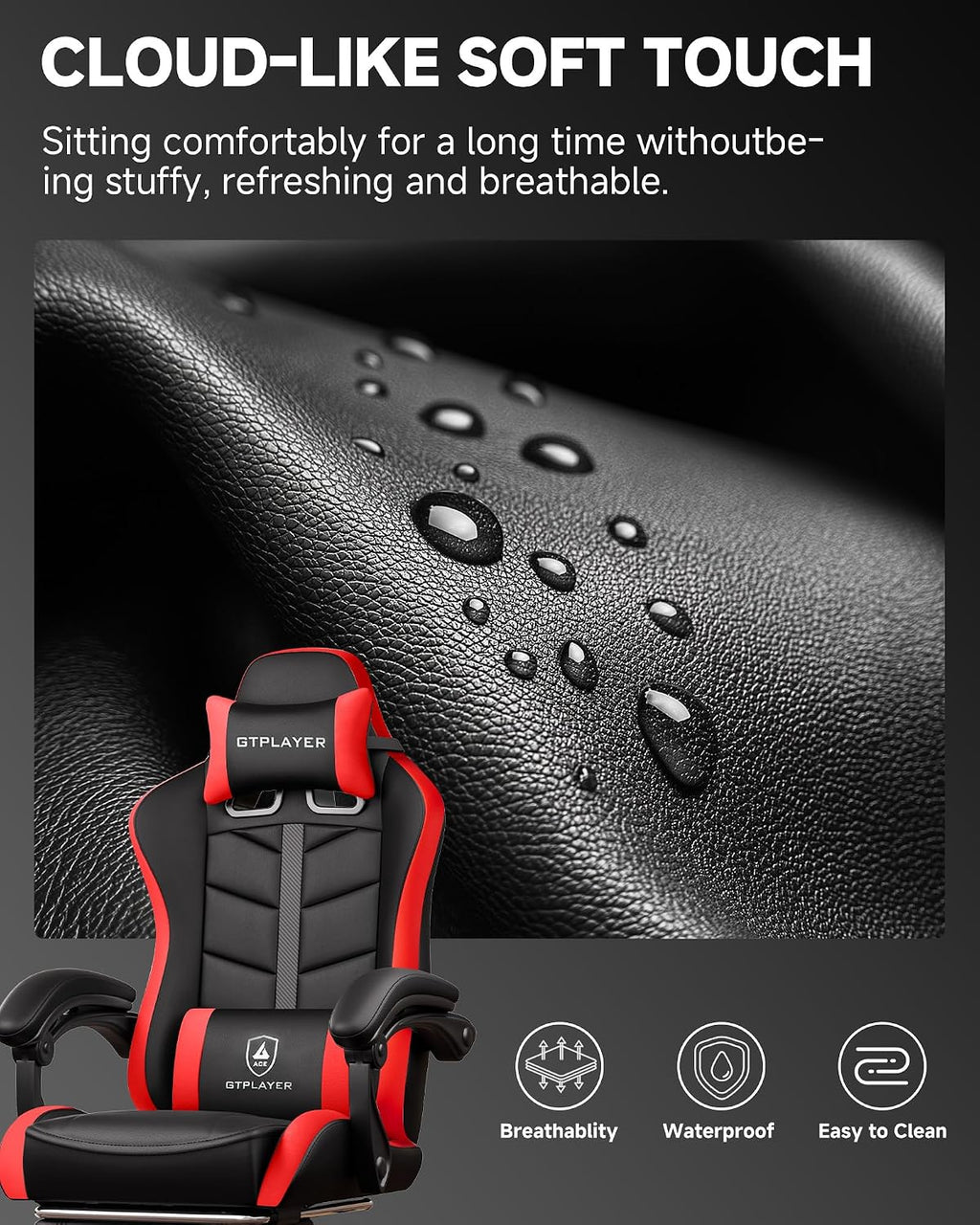 GTPLAYER Gaming Chair for Adults, Ergonomic Computer Gaming Chair with Footrest, Height Adjustable, 90-155° Recline & Removable Headrest Lumbar Support, Black&Red