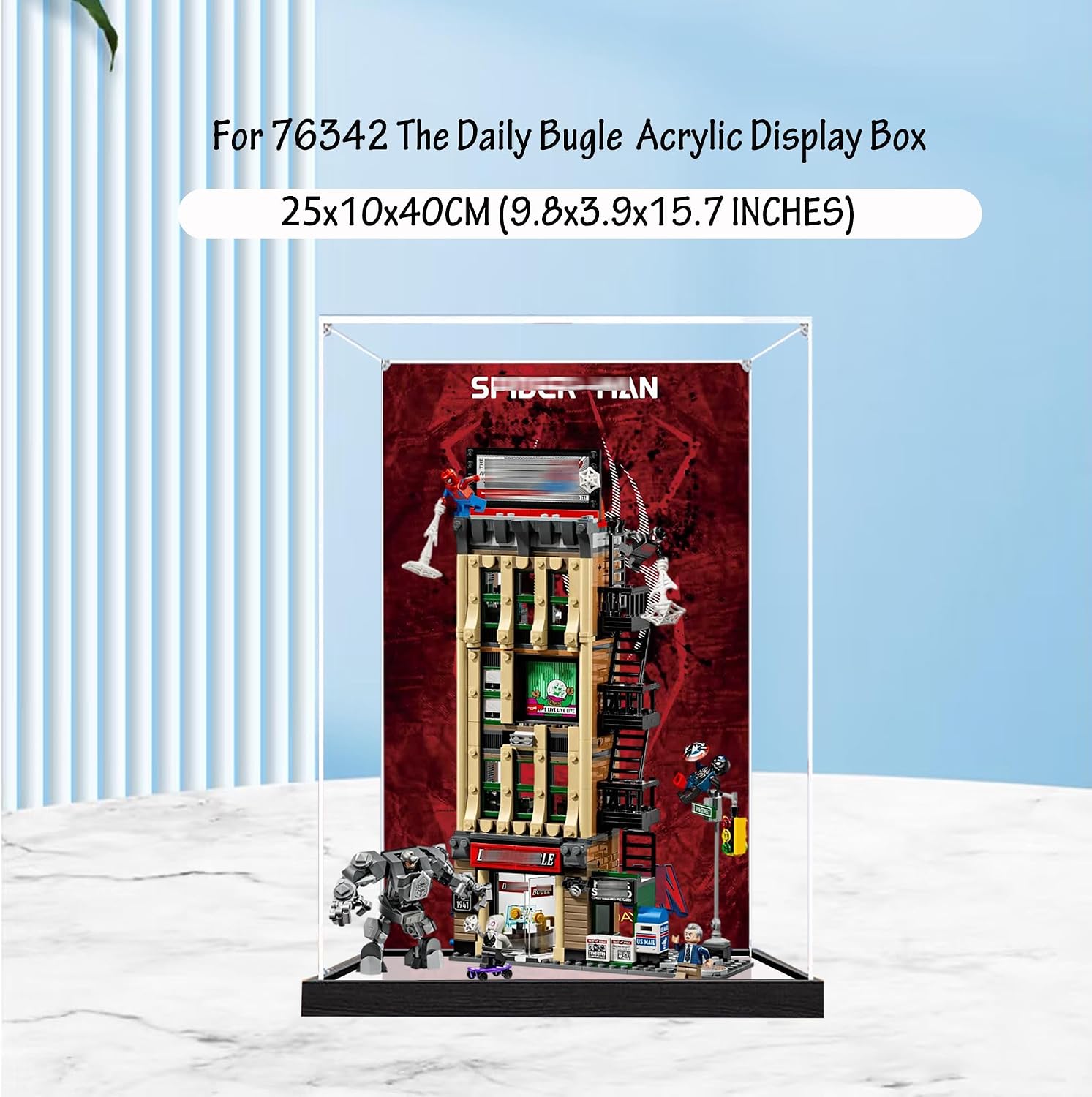 Acrylic Display Case for Lego 76342 The Daily Bugle Model, 3mm Dustproof Display Box, Display Case Compatible with Lego 76342(Model Not Included) (Background 3MM+Mirror A)