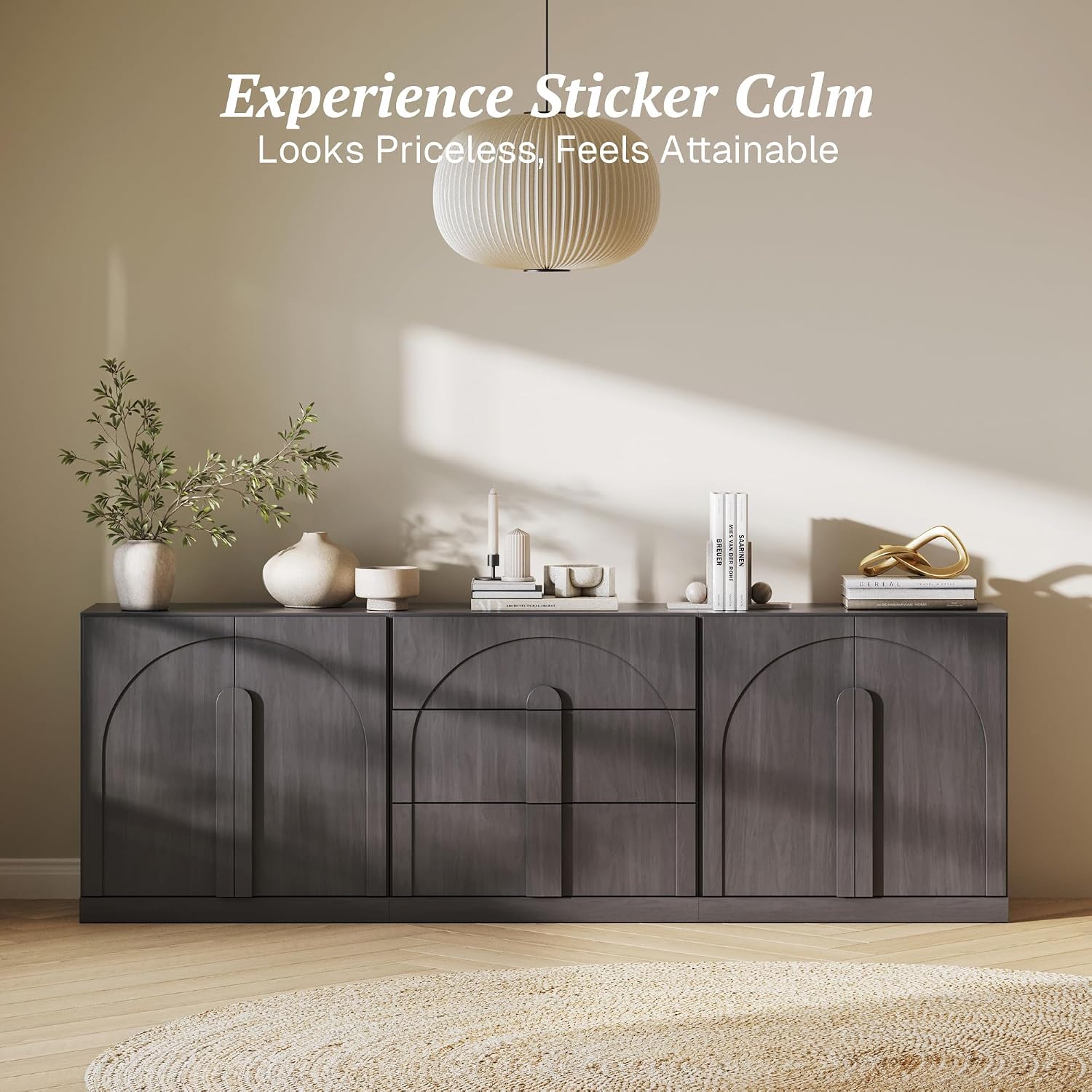 BELLEZE 3-Piece Modular Sideboard Cabinet Set Freely Configurable, Modern Wood Buffet Cabinet Contain 2 Arched Cabinet and 3-Drawer Storage, Credenza Console for Living Room Kitchen, Ebony