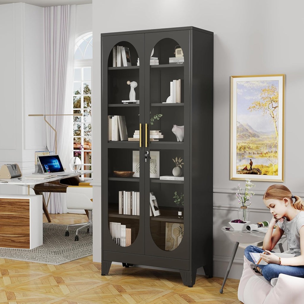 GAIOUS 74.8' Tall Metal Curio Cabinet, Display Cabinet with Glass Door, 6 Tier Liquor with 5 Adjustable Shelves, Locking Glass Display Case for Collectibles, Showcase Storage Cabinets, Black