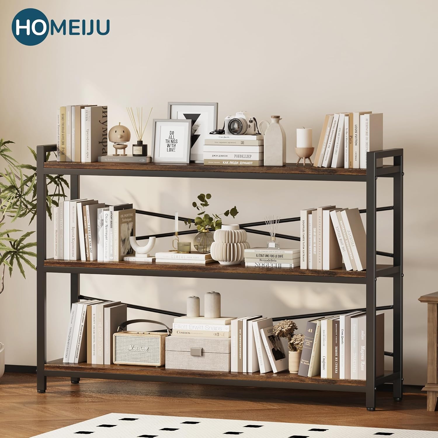 3 Tier Bookshelf 47.24' Width, Wood and Metal Etagere Bookcase, Vintage Farmhouse Modern Wooden Large Book Shelf for Home Living Room Bedroom Office Storage(Rustic Brown)