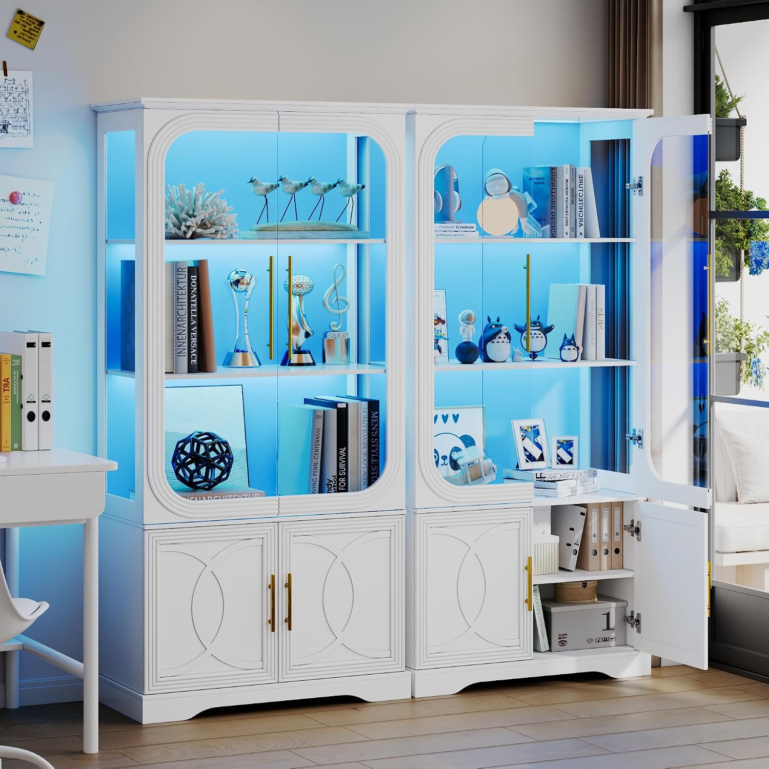 69' Tall Display Cabinet with Glass Doors, Curio Cabinet with 3 LED Lights and Human Body Sensor, Glass Display Case with Storage Cabinet for Living Room, White