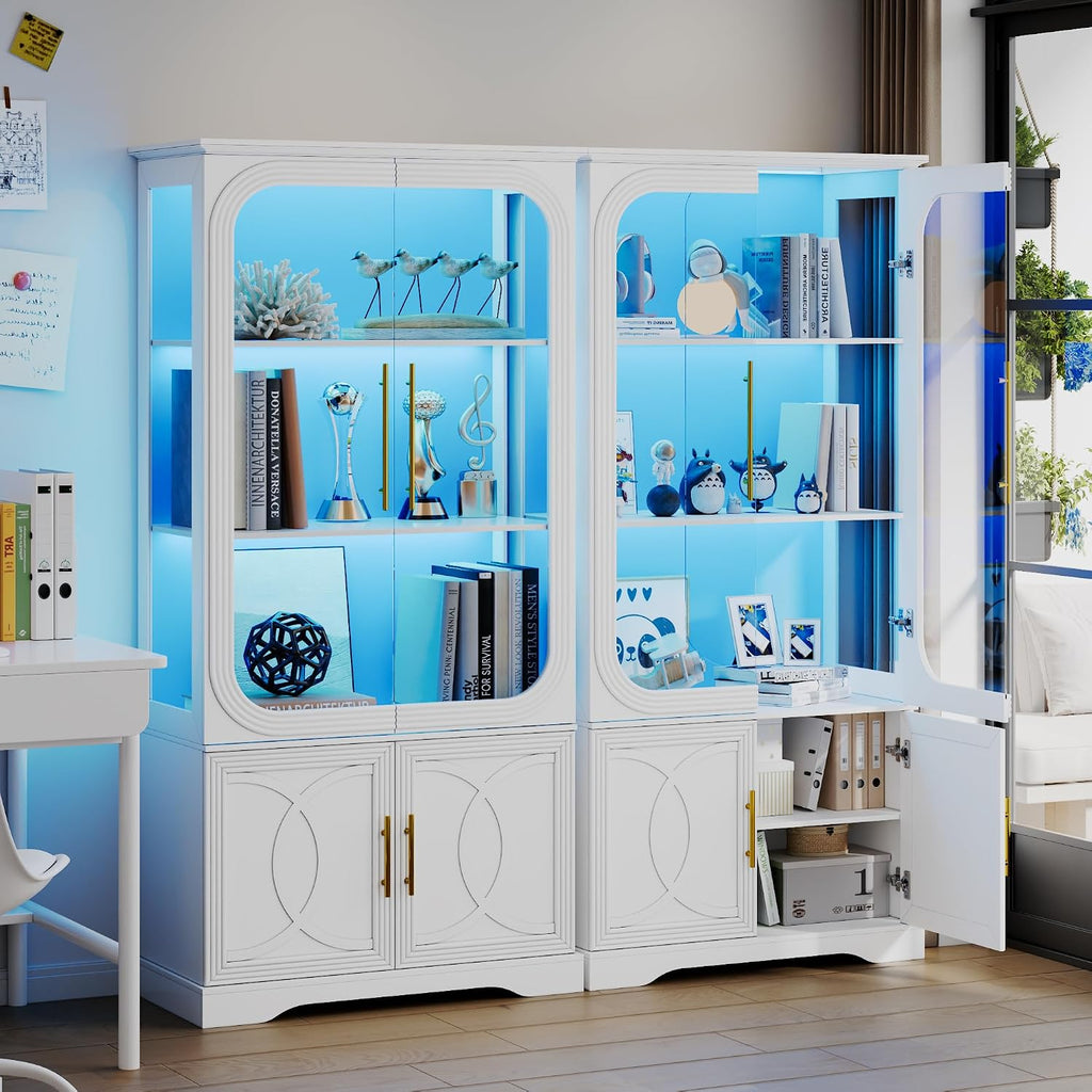 2pc Wood Display Cabinet with Glass Doors, 69' Tall Curio Cabinet with LED Lights, Glass Display Case with Storage and 3 Shelves for Living Room, (White-2)