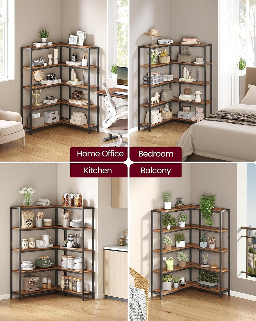 VASAGLE 5 Tier Bookshelf with Metal Frame, Convertible Industrial Corner Shelf, 9.4 x 52.8 x 55.9 Inches, for Living Room, Bedroom, Home Office, Rustic Brown and Ink Black ULLS815KD01