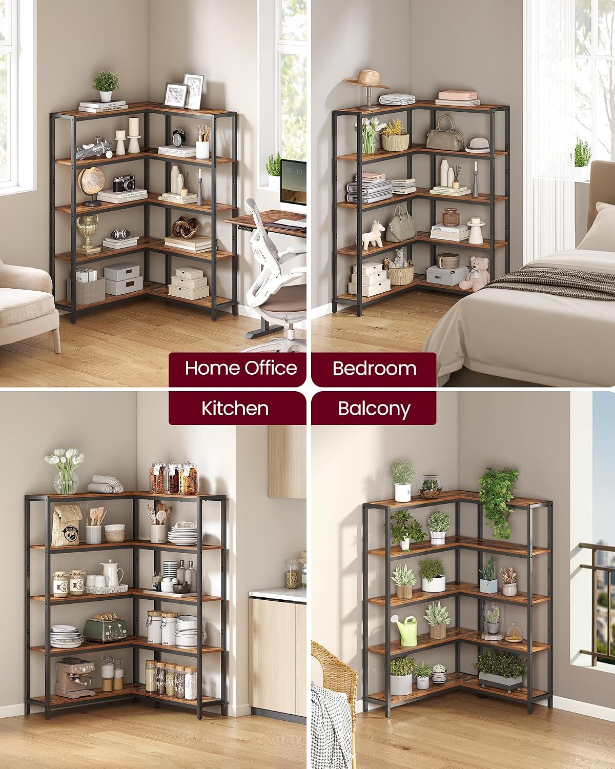VASAGLE 5 Tier Bookshelf with Metal Frame, Convertible Industrial Corner Shelf, 9.4 x 52.8 x 55.9 Inches, for Living Room, Bedroom, Home Office, Rustic Brown and Ink Black ULLS815KD01