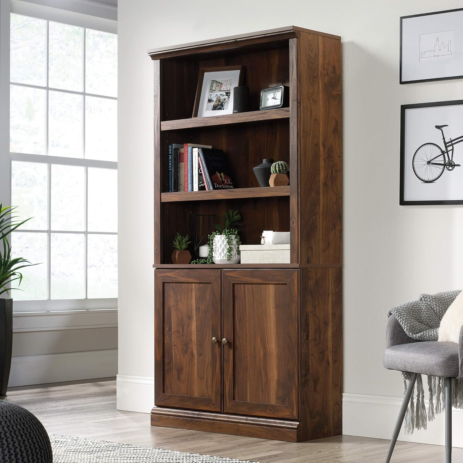 Sauder Select Book Shelf, Bookshelf with Storage, Library Bookcase with Doors and Adjustable Shelves, in Grand Walnut