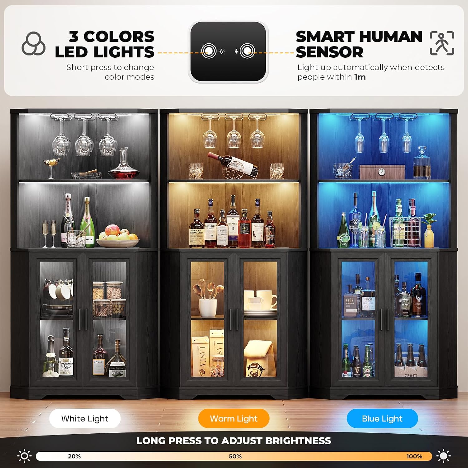 Corner Bar Cabinet with LED Lights, 65' Tall Wine Cabinet with Glass Holder & Tempered Glass Door, 4-Tier Liquor Alcohol Cabinet & Coffee Bar with Human Body Sensor for Dining Room, Black