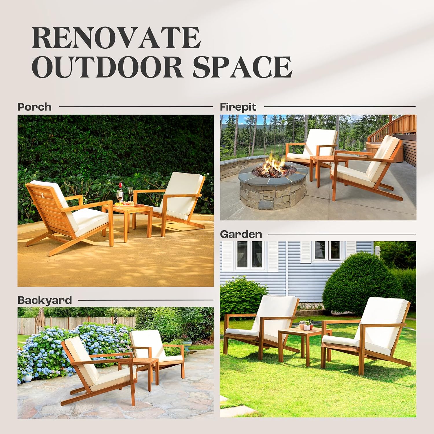 IDZO Natural 3-Piece Patio Bistro Sets with Foldable 400lbs Weight Chairs, a 220lbs Shelf Table, Made from FSC-Certified Acacia Wood, Featuring Washable Cushions and an Ergonomic Design