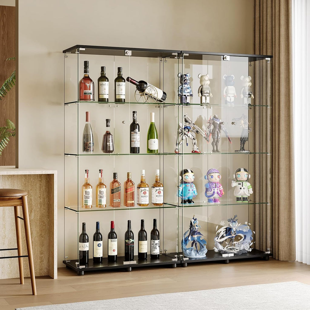 Glass Display Cabinet with 4-Shelf Double Doors and Lock, 5mm Tempered Glass Floor Standing Bookshelf for Living Room, Bedroom, Office, 64 x 31.7 x 14.3 in, Black