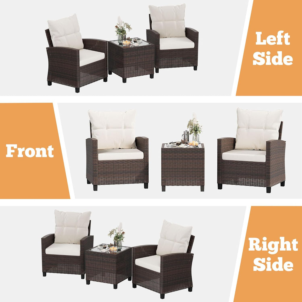 Shintenchi 3 Pieces Patio Furniture Set, PE Rattan Wicker 3 Pcs Patio Set, Outdoor Furniture Set with Two Outdoor Chairs and Table, Conversation Set for Garden, Poolside, Balcony, and Porch(Beige)