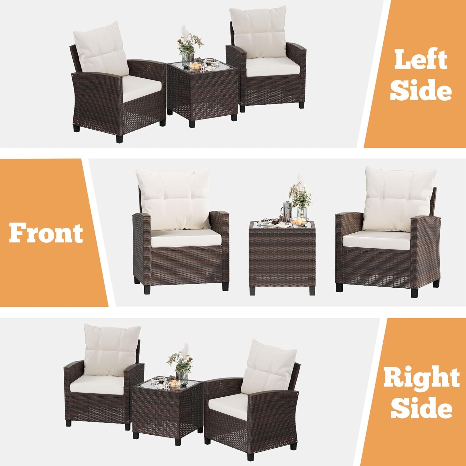 Shintenchi 3 Pieces Patio Furniture Set, PE Rattan Wicker 3 Pcs Patio Set, Outdoor Furniture Set with Two Outdoor Chairs and Table, Conversation Set for Garden, Poolside, Balcony, and Porch(Beige)