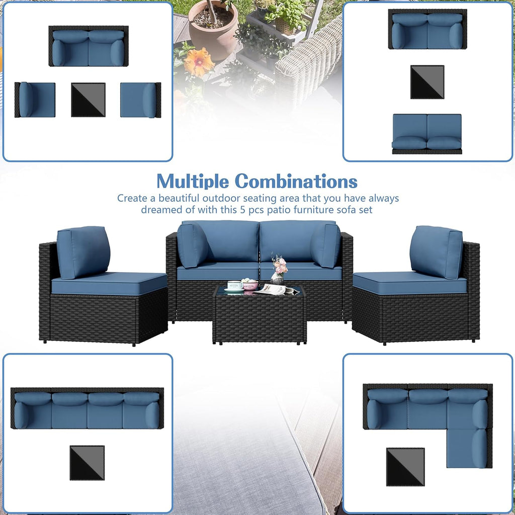 Shintenchi 5 Pieces Outdoor Patio Sectional Sofa Couch, PE Wicker Furniture Sets, Patio Conversation Sets with Washable Cushions Glass Coffee Table for Garden, Poolside, Backyard, Aegean Blue