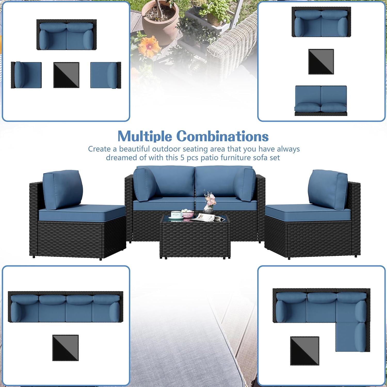 Shintenchi 5 Pieces Outdoor Patio Sectional Sofa Couch, PE Wicker Furniture Sets, Patio Conversation Sets with Washable Cushions Glass Coffee Table for Garden, Poolside, Backyard, Aegean Blue