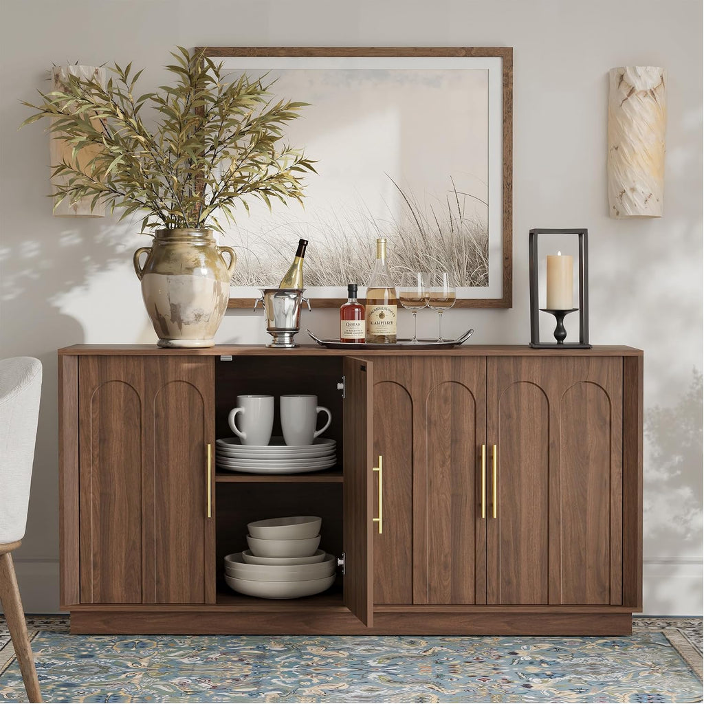 FORTUNETEC Sideboard Buffet Cabinet with Storage, Mid Century Modern Accent Cabinet with Arched Doors, Modular Media Console, Minimalist Credenza for Living Room Kitchen Dining Room Entryway, Walnut