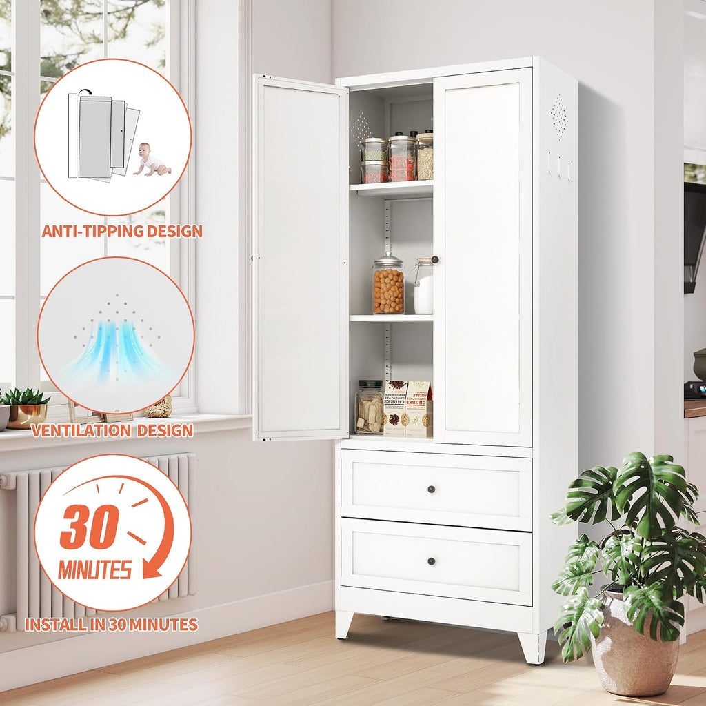 72' Metal Storage Cabinet with 2 Doors and 2 Drawers,White Kitchen Pantry Cabinet,Large Steel Cupboard Utility Cabinets for Kitchen,Living,Dining Room,Bathroom,Assembly Required