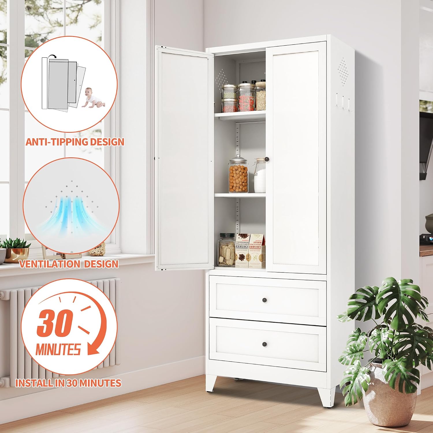 72' Metal Storage Cabinet with 2 Doors and 2 Drawers,White Kitchen Pantry Cabinet,Large Steel Cupboard Utility Cabinets for Kitchen,Living,Dining Room,Bathroom,Assembly Required