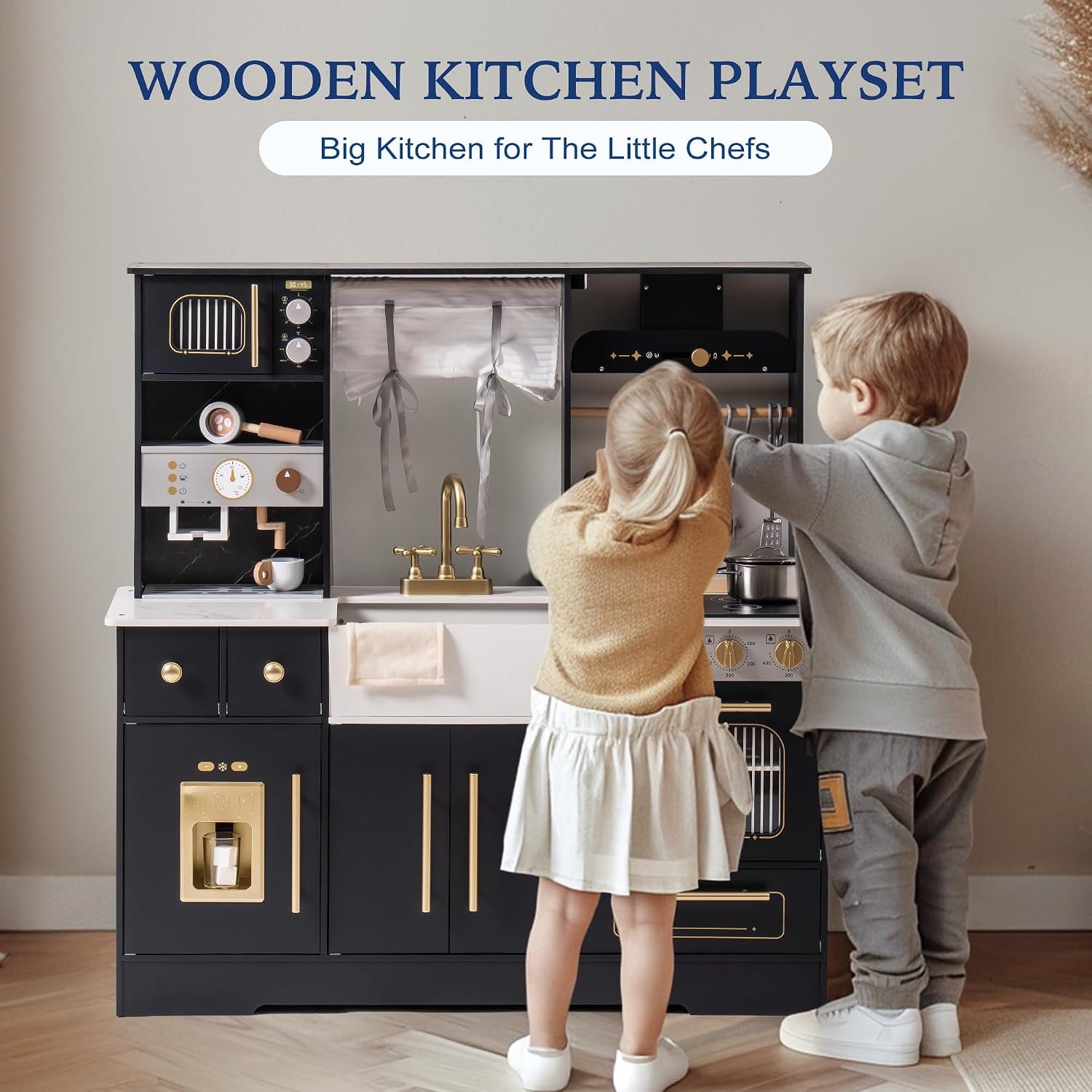 ROBOTIME Wooden Play Kitchen for Toddlers and Kids, Toy Kitchen Set with Ice Maker and Coffee Machine, Realistic Toddler Kitchen Set, Gift for Girls Boys Ages 3+