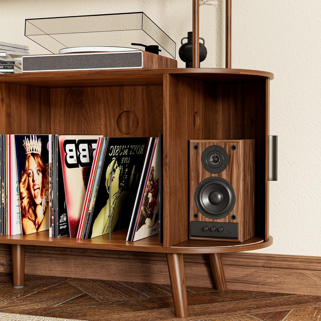 Tall Large Vinyl Record Player Stand, Fluted Long Record Storage Cabinet with Sliding Doors, Mid Century Modern Bookshelf, 4 Tier Media Display Shelf, Arched Turntable Stand for Living Room, Walnut