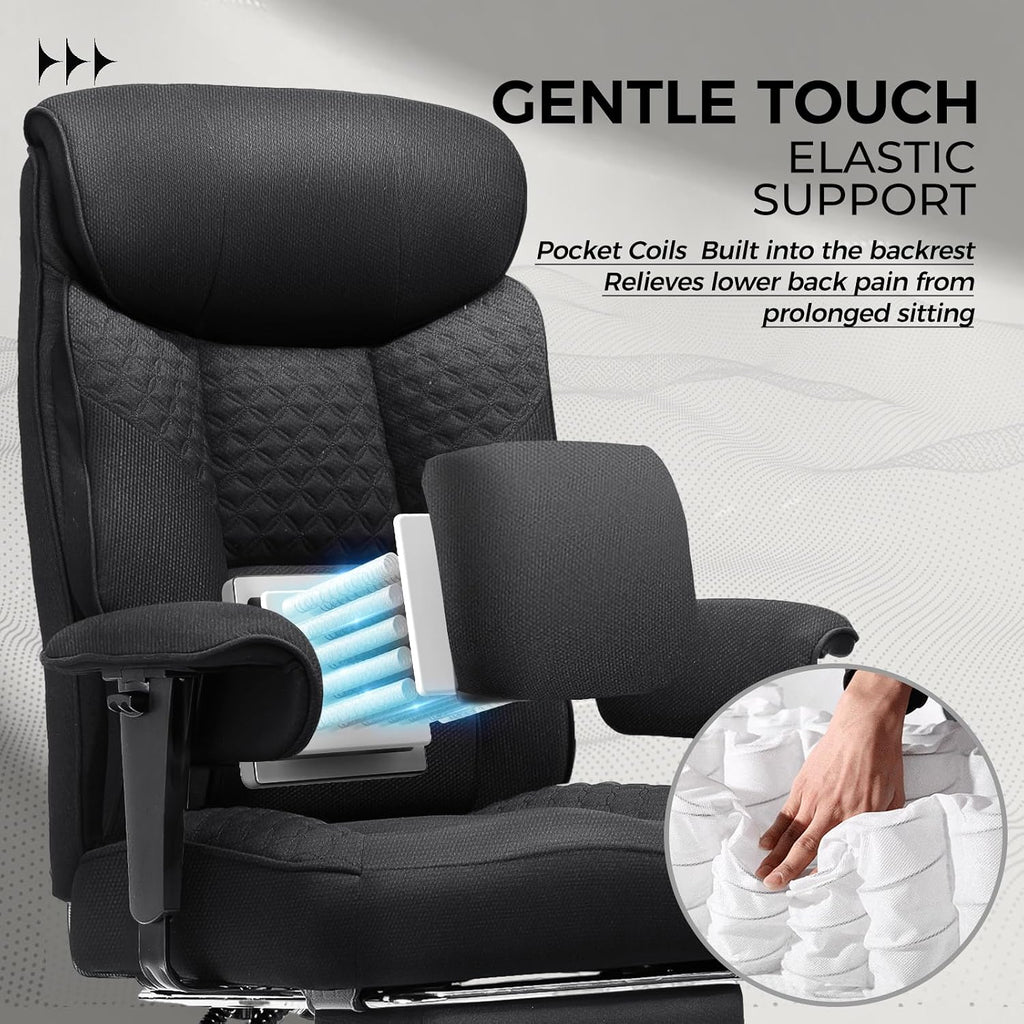 GTPLAYER Big and Tall Office Chair, High Back Computer Gaming Chair with Ergonomic Lumbar Support &Pocket Spring Cushion for Lower Back Pain Relief, Fabric Executive Chair with Foot Rest, Black