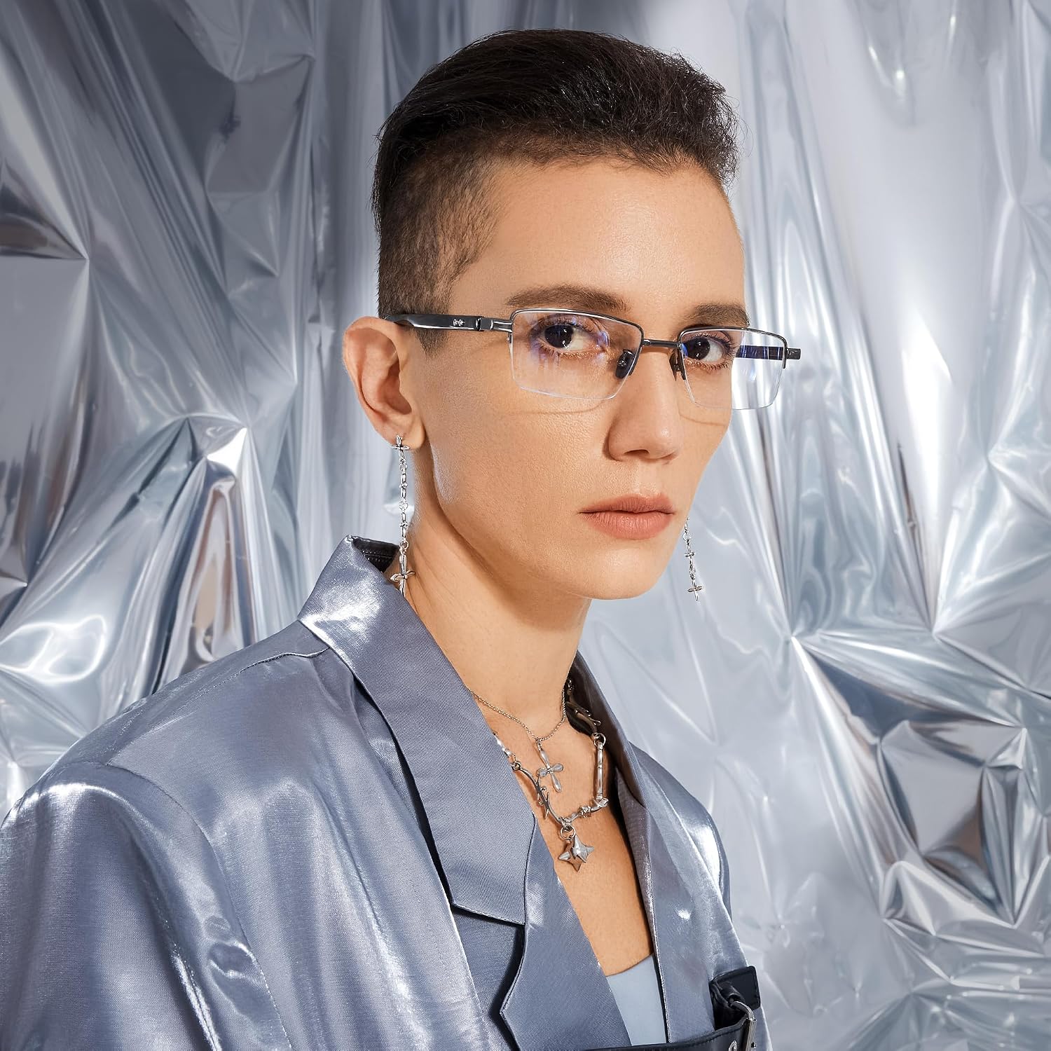 Cyxus 100% Really Buffalo Horn Glasses Pure Titanium for Men Rimless Square Glasses 8135 Space Silver