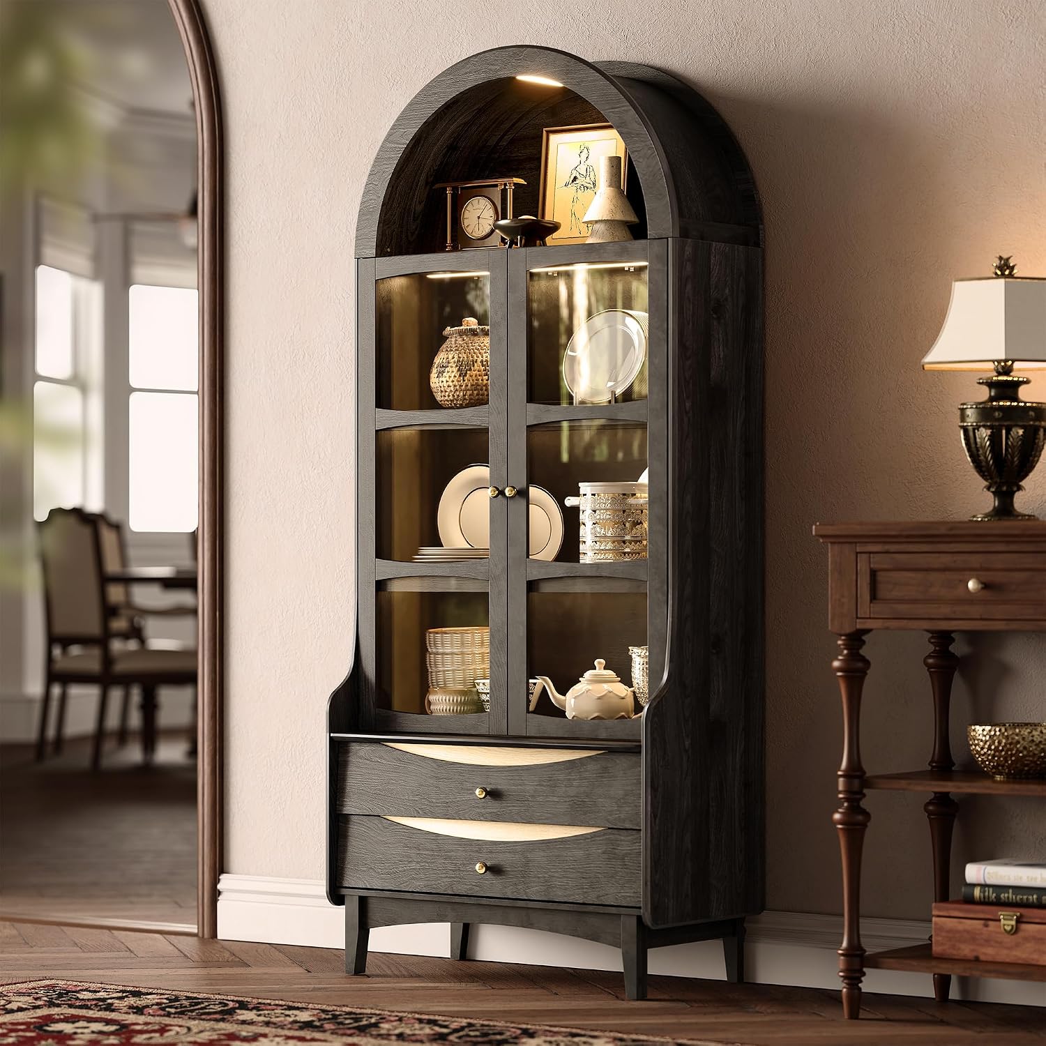 STO'SENSE 74' Tall Arched Bookshelf with LED Lights,4-Tier Modern Farmhouse Arched Bookcase with Glass Doors and Shelves,Wooden Display Cabinet with 2 Drawers for Living Room, Dining Room (Black)