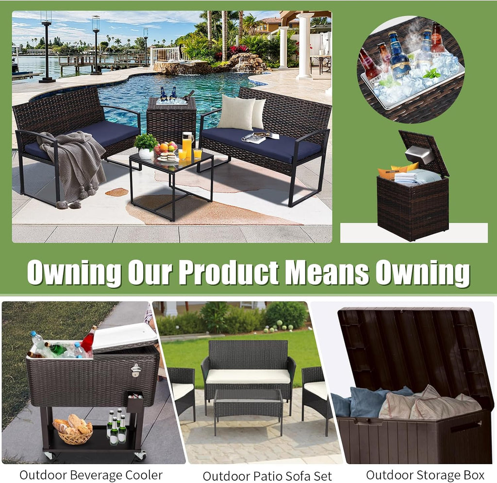 FHFO 4 Piece Outdoor Patio Furniture Set with Built-in Beverage Cooler Storage Box, Wicker Conversation Sets Patio Outdoor Loveseats & Coffee Table for Outside, Garden, Balcony, Porch, Brown/Blue
