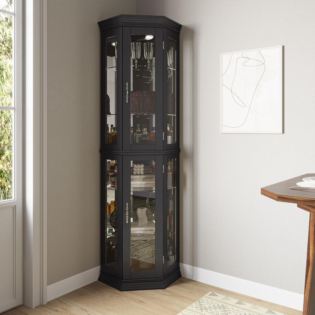 BELLEZE Lighted 3-Side Glass Display Curio Cabinet w/Tempered Glass Doors & Shelves, Accent Wooden Corner Cabinet with Bulb, Corner Storage Decoration Rack for Living Room & Bed-Room Corona (Black)