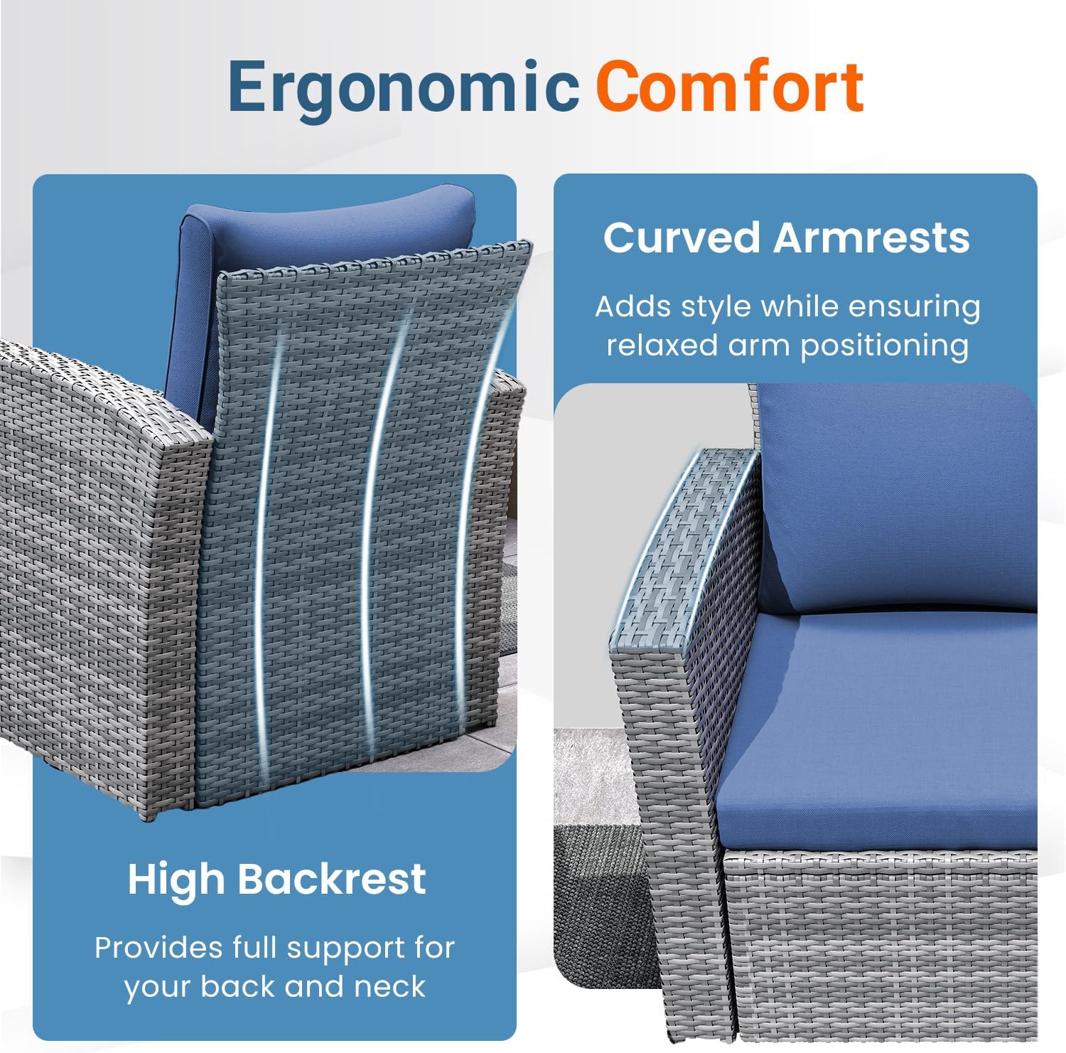 Wisteria Lane Patio Furniture Set, Wicker Outside Outdoor Furniture for All Weather, Patio Sofa with High Backrest Support and Wide Armrest for Backyard, Balcony, Deck, Porch, Blue