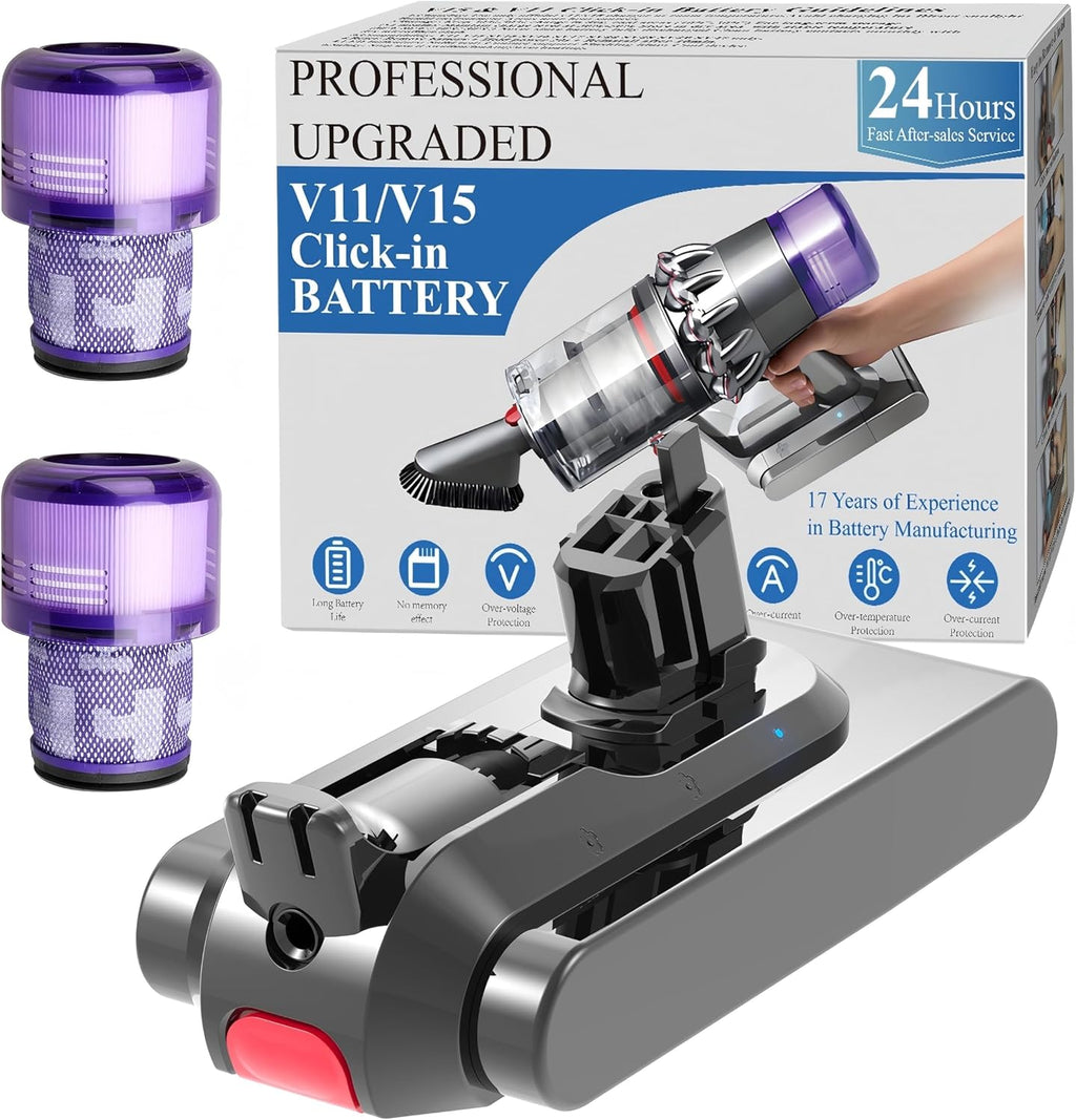 Upgraded 10000mAh V15 Battery Replacement for Dyson V15 Detect/Detect Absolute/ V15s Detect Submarine/ SV22/ SV47/ V11 Click-in Vacuum Cleaners 2 Filters Included