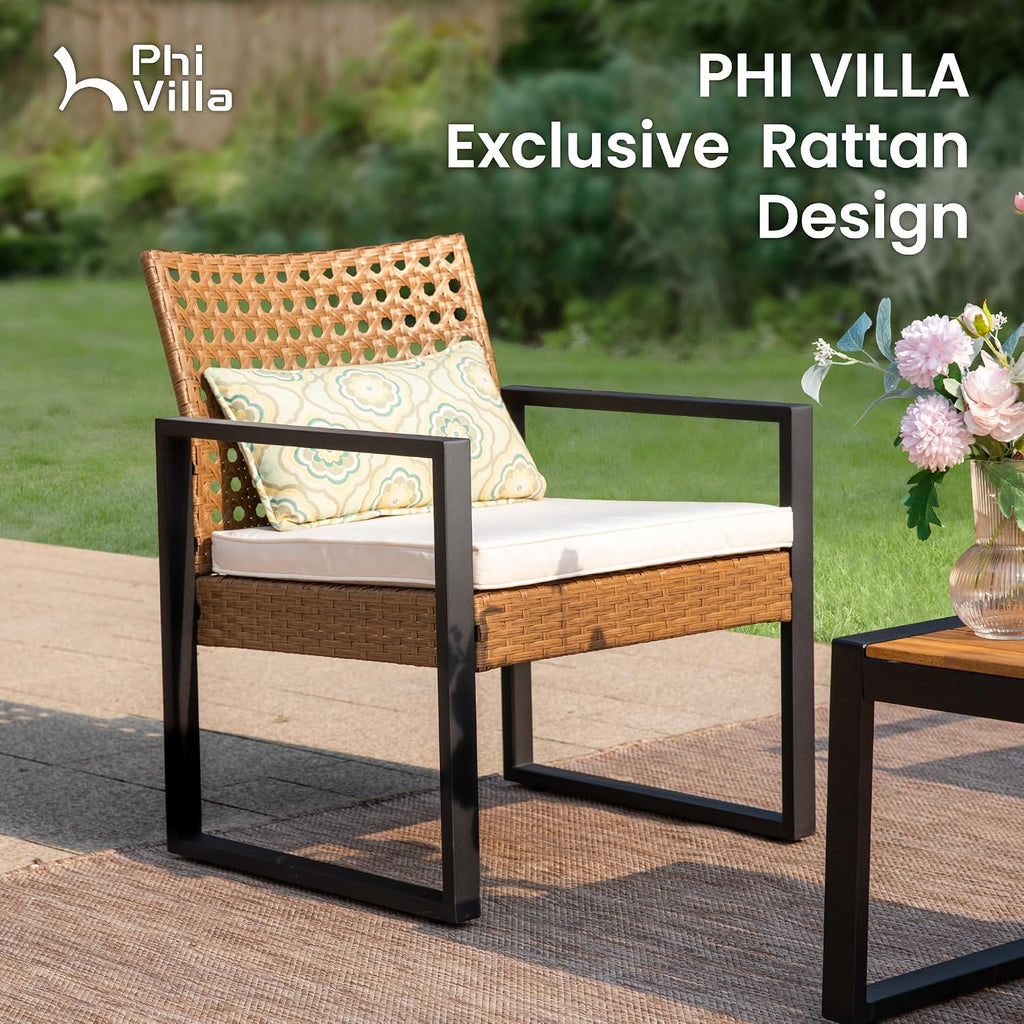 PHI VILLA Patio Wicker Furniture Set for 4, Brown Rattan Loveseat & Chairs with Beige Cushions & Acacia Wood Coffee Table, Outdoor Conversation Sofa Set for Deck, Yard, Porch (Round Hole Back)
