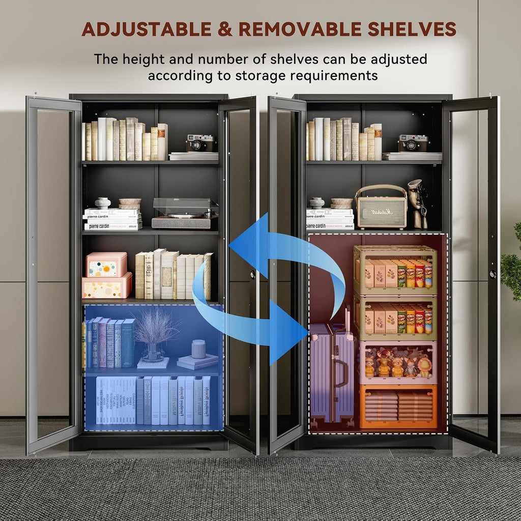71' Metal Display Cabinet with Glass Doors, Locking Curio Cabinets with 4 Adjustable Shelves, Glass Display Case for Collectibles, Metal Storage Cabinet