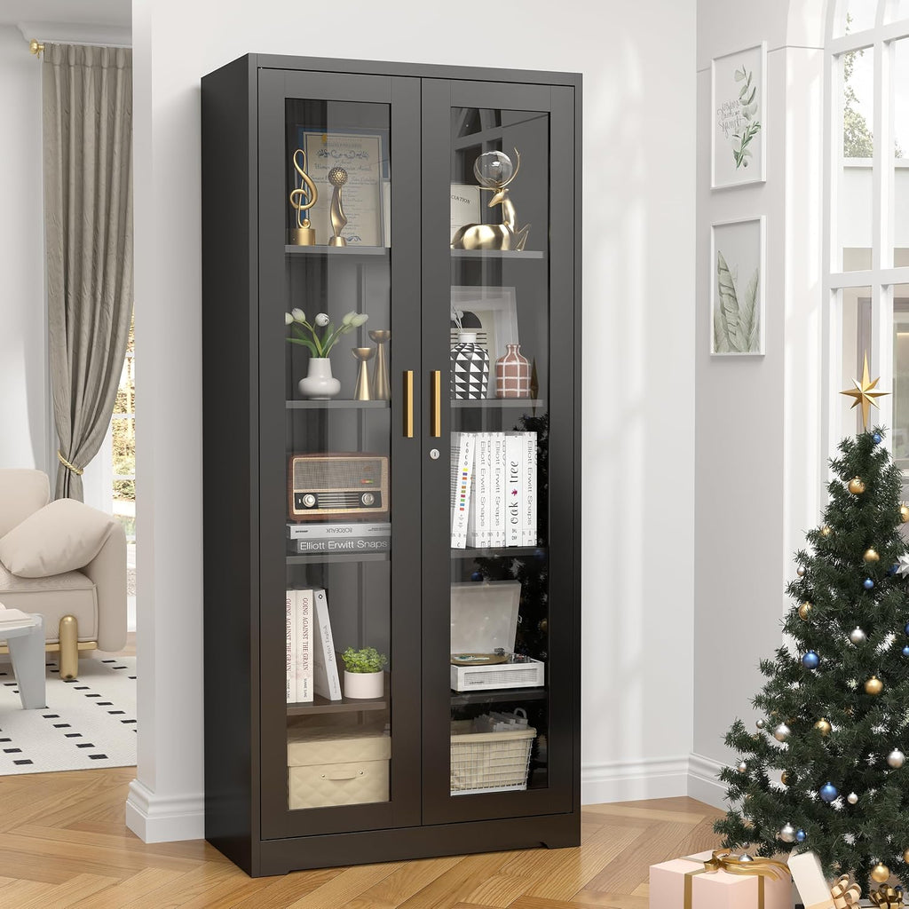 Glass Display Cabinet, 71' Tall Metal Curio Cabinet with Glass Doors, Black Display Case, Storage Cabinets with 4 Adjustable Shelves, Locking Storage Cases for Hallway, Kitchen, Living Room