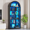 FREDEES Arch Display Cabinet with Doors, 76' Tall Display Case with Adjustable Shelves/3 Colors LED Lights, 6 Tier Bookcase for Collectibles Bedroom Living Room Office, Black