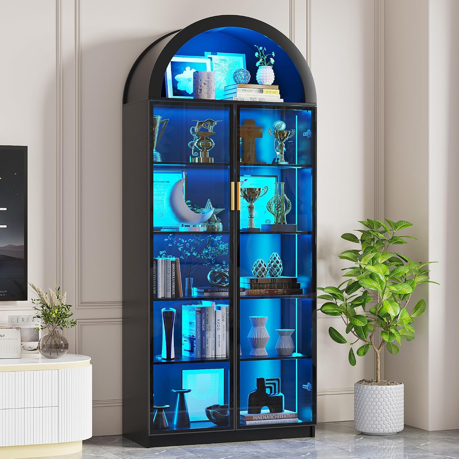 FREDEES Arch Display Cabinet with Doors, 76' Tall Display Case with Adjustable Shelves/3 Colors LED Lights, 6 Tier Bookcase for Collectibles Bedroom Living Room Office, Black