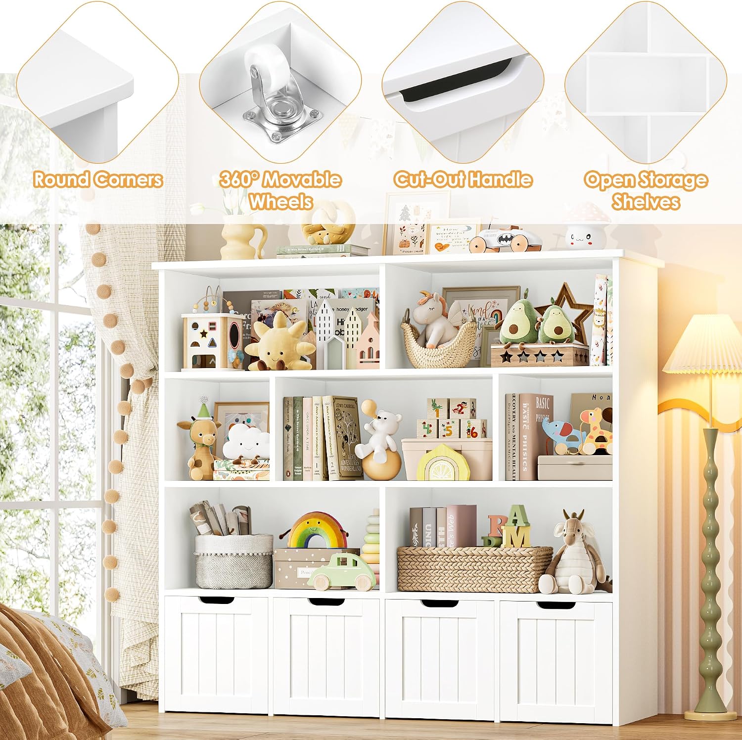 FINETONES Toy Storage Organizer, Kids Bookshelf with 4 Movable Chests and 7 Storage Cubes, Toy Chest Storage with Hidden Wheels, Toy Organizers and Toy Storage, White