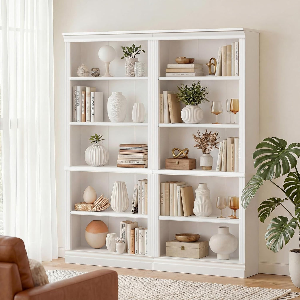 Furniwell Bookcase Bookshelves, 5-Shelf Tall Bookcase 71' Wood Open Display Floor Bookshelf, Large Storage Organizer for Library, Bedroom, Living Room, Set of 2 (White)